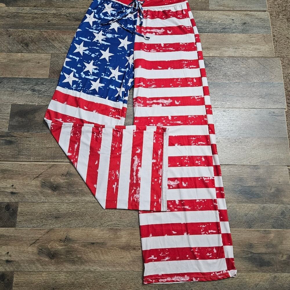 Stars and Stripes Red White Blue Wide Leg Pull On Lounge Casual Patriotic Pants - Picture 1 of 7